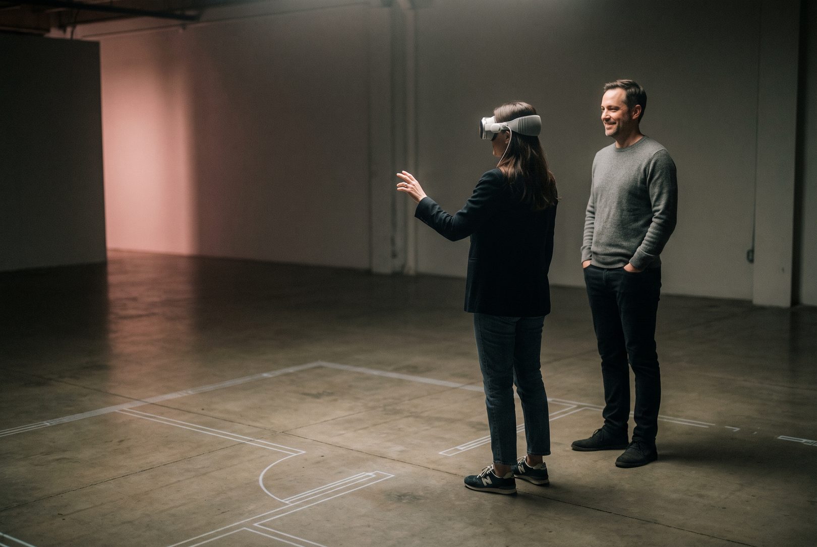 Klientka si prochází budoucí dům ve virtuální realitě, na podlaze haly jsou promítnuté obrysy místností